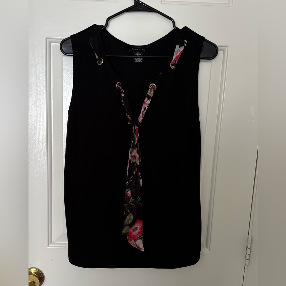 Woman’s “Adele and May” Black Sleeveless Top with Floral Tie Accent (XL)